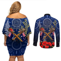 Anzac Couples Matching Off Shoulder Short Dress and Long Sleeve Button Shirt Australia Aboriginal Mix New Zealand Slouch Hats LT7 - Polynesian Pride