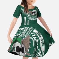 Hawaii Rainbow Warriors Personalized Family Matching Off Shoulder Maxi Dress and Hawaiian Shirt Kakau Ikaika Laau Pama LT7 Daughter's Dress Green - Polynesian Pride