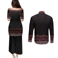 Maori Taniko Patterns Couples Matching Puletasi and Long Sleeve Button Shirt Brown Niho Taniwha Mix Paatiki Motifs