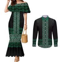 Maori Taniko Patterns Couples Matching Mermaid Dress and Long Sleeve Button Shirt Pounamu Niho Taniwha Mix Paatiki Motifs LT7 Green - Polynesian Pride
