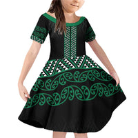 Maori Taniko Patterns Family Matching Off Shoulder Short Dress and Hawaiian Shirt Pounamu Niho Taniwha Mix Paatiki Motifs LT7 Daughter's Dress Green - Polynesian Pride