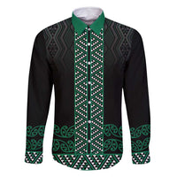 Maori Taniko Patterns Family Matching Off Shoulder Short Dress and Hawaiian Shirt Pounamu Niho Taniwha Mix Paatiki Motifs LT7 Dad's Shirt - Long Sleeve Green - Polynesian Pride