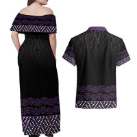 Maori Taniko Patterns Couples Matching Off Shoulder Maxi Dress and Hawaiian Shirt Purple Niho Taniwha Mix Paatiki Motifs