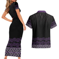 Maori Taniko Patterns Couples Matching Short Sleeve Bodycon Dress and Hawaiian Shirt Purple Niho Taniwha Mix Paatiki Motifs LT7 - Polynesian Pride