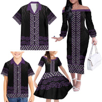 Maori Taniko Patterns Family Matching Off The Shoulder Long Sleeve Dress and Hawaiian Shirt Purple Niho Taniwha Mix Paatiki Motifs LT7 - Polynesian Pride