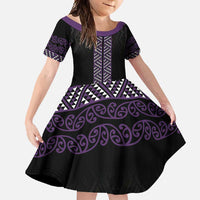 Maori Taniko Patterns Family Matching Off Shoulder Maxi Dress and Hawaiian Shirt Purple Niho Taniwha Mix Paatiki Motifs LT7 Daughter's Dress Purple - Polynesian Pride