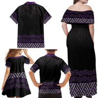 Maori Taniko Patterns Family Matching Off Shoulder Maxi Dress and Hawaiian Shirt Purple Niho Taniwha Mix Paatiki Motifs LT7 - Polynesian Pride
