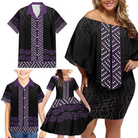 Maori Taniko Patterns Family Matching Off Shoulder Short Dress and Hawaiian Shirt Purple Niho Taniwha Mix Paatiki Motifs LT7 - Polynesian Pride