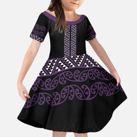 Maori Taniko Patterns Kid Short Sleeve Dress Purple Niho Taniwha Mix Paatiki Motifs