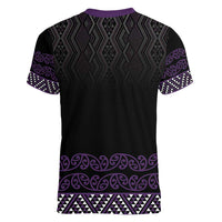 Maori Taniko Patterns Women V-Neck T-Shirt Purple Niho Taniwha Mix Paatiki Motifs