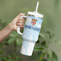 Fiji Rugby Custom Kaiviti Masi Tumbler With Handle Turquoise - Polynesian Pride