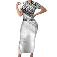 Fiji Rugby Custom Kaiviti Masi Family Matching Short Sleeve Bodycon Dress and Hawaiian Shirt Black LT7 Mom's Dress Black - Polynesian Pride