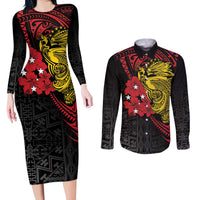 Papua New Guinea 49th Independence Day Couples Matching Long Sleeve Bodycon Dress and Long Sleeve Button Shirt Motuan Revareva Bird-of-Paradise LT7 Black - Polynesian Pride