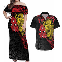 Papua New Guinea 49th Independence Day Couples Matching Off Shoulder Maxi Dress and Hawaiian Shirt Motuan Revareva Bird-of-Paradise LT7 Black - Polynesian Pride