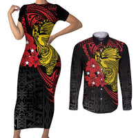 Papua New Guinea 49th Independence Day Couples Matching Short Sleeve Bodycon Dress and Long Sleeve Button Shirt Motuan Revareva Bird-of-Paradise LT7 Black - Polynesian Pride