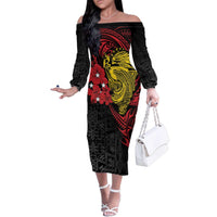 Papua New Guinea 49th Independence Day Family Matching Off The Shoulder Long Sleeve Dress and Hawaiian Shirt Motuan Revareva Bird-of-Paradise LT7 Mom's Dress Black - Polynesian Pride