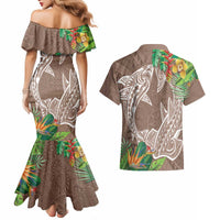 Polynesia Couples Matching Mermaid Dress and Hawaiian Shirt Sharks Duo Tropical Brown LT7 - Polynesian Pride