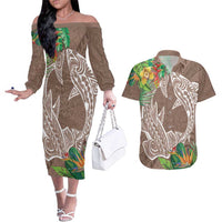 Polynesia Couples Matching Off The Shoulder Long Sleeve Dress and Hawaiian Shirt Sharks Duo Tropical Brown