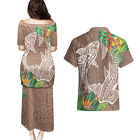 Polynesia Couples Matching Puletasi and Hawaiian Shirt Sharks Duo Tropical Brown