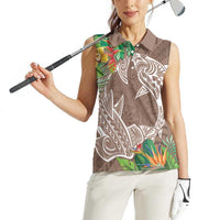 Polynesia Women Sleeveless Polo Shirt Sharks Duo Tropical Brown
