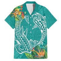 Polynesia Family Matching Off Shoulder Short Dress and Hawaiian Shirt Sharks Duo Tropical Teal