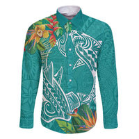 Polynesia Family Matching Off Shoulder Short Dress and Hawaiian Shirt Sharks Duo Tropical Teal