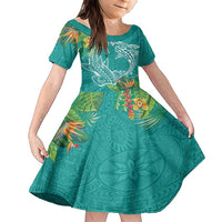 Polynesia Family Matching Short Sleeve Bodycon Dress and Hawaiian Shirt Sharks Duo Tropical Teal