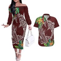 Polynesia Couples Matching Off The Shoulder Long Sleeve Dress and Hawaiian Shirt Sharks Duo Tropical Oxblood