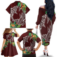 Polynesia Family Matching Off The Shoulder Long Sleeve Dress and Hawaiian Shirt Sharks Duo Tropical Oxblood LT7 - Polynesian Pride