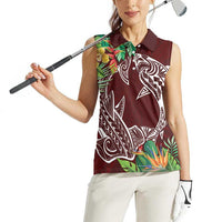 Polynesia Women Sleeveless Polo Shirt Sharks Duo Tropical Oxblood