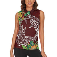 Polynesia Women Sleeveless Polo Shirt Sharks Duo Tropical Oxblood
