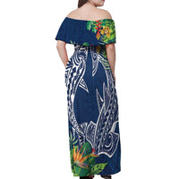 Polynesia Off Shoulder Maxi Dress Sharks Duo Tropical Navy