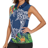 Polynesia Women Sleeveless Polo Shirt Sharks Duo Tropical Navy
