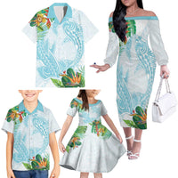 Polynesia Family Matching Off The Shoulder Long Sleeve Dress and Hawaiian Shirt Sharks Duo Tropical Turquoise