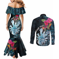 Niue Personalised Couples Matching Mermaid Dress and Long Sleeve Button Shirt Hiapo Mix Coconut Crab LT7 - Polynesian Pride