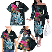 Niue Personalised Family Matching Off The Shoulder Long Sleeve Dress and Hawaiian Shirt Hiapo Mix Coconut Crab LT7 - Polynesian Pride