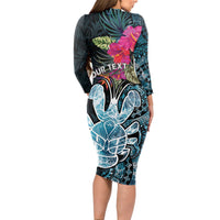 Niue Personalised Long Sleeve Bodycon Dress Hiapo Mix Coconut Crab LT7 - Polynesian Pride