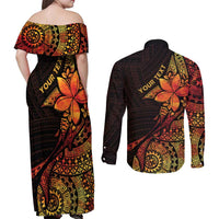 Niue Fakaalofa Atu Personalised Couples Matching Off Shoulder Maxi Dress and Long Sleeve Button Shirt Whale Hiapo Fiery Motif LT7 - Polynesian Pride