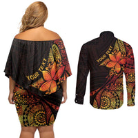 Niue Fakaalofa Atu Personalised Couples Matching Off Shoulder Short Dress and Long Sleeve Button Shirt Whale Hiapo Fiery Motif LT7 - Polynesian Pride