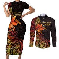 Niue Fakaalofa Atu Personalised Couples Matching Short Sleeve Bodycon Dress and Long Sleeve Button Shirt Whale Hiapo Fiery Motif LT7 Art - Polynesian Pride