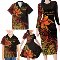 Niue Fakaalofa Atu Personalised Family Matching Long Sleeve Bodycon Dress and Hawaiian Shirt Whale Hiapo Fiery Motif LT7 - Polynesian Pride