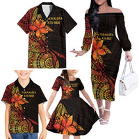 Niue Fakaalofa Atu Personalised Family Matching Off The Shoulder Long Sleeve Dress and Hawaiian Shirt Whale Hiapo Fiery Motif LT7 - Polynesian Pride