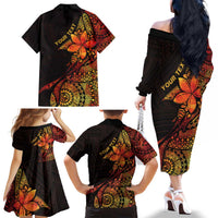 Niue Fakaalofa Atu Personalised Family Matching Off The Shoulder Long Sleeve Dress and Hawaiian Shirt Whale Hiapo Fiery Motif LT7 - Polynesian Pride