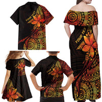 Niue Fakaalofa Atu Personalised Family Matching Off Shoulder Maxi Dress and Hawaiian Shirt Whale Hiapo Fiery Motif LT7 - Polynesian Pride