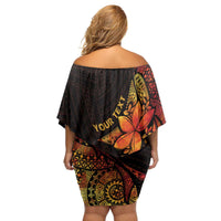 Niue Fakaalofa Atu Personalised Family Matching Off Shoulder Short Dress and Hawaiian Shirt Whale Hiapo Fiery Motif LT7 - Polynesian Pride