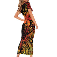 Niue Fakaalofa Atu Personalised Short Sleeve Bodycon Dress Whale Hiapo Fiery Motif LT7 - Polynesian Pride