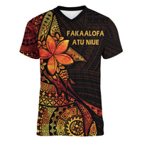 Niue Fakaalofa Atu Personalised Women V-Neck T-Shirt Whale Hiapo Fiery Motif LT7 Female Art - Polynesian Pride