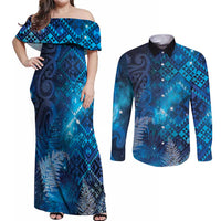 Aotearoa Taniko Matariki Couples Matching Off Shoulder Maxi Dress and Long Sleeve Button Shirt Cosmic Blue
