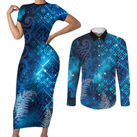 Aotearoa Taniko Matariki Couples Matching Short Sleeve Bodycon Dress and Long Sleeve Button Shirt Cosmic Blue