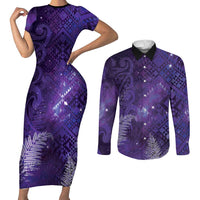 Aotearoa Taniko Matariki Couples Matching Short Sleeve Bodycon Dress and Long Sleeve Button Shirt Cosmic Violet